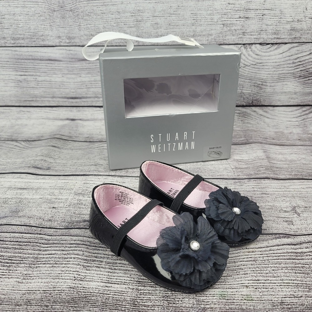 Stuart Weitzman Black Flower Mary Jane Baby Bud Shoes Size 3 (6-9 months)